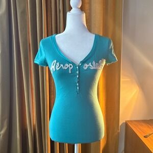 00s/Y2K Aeropostale Womens Turquoise Blue Ribbed Henley Short Sleeve Logo Top